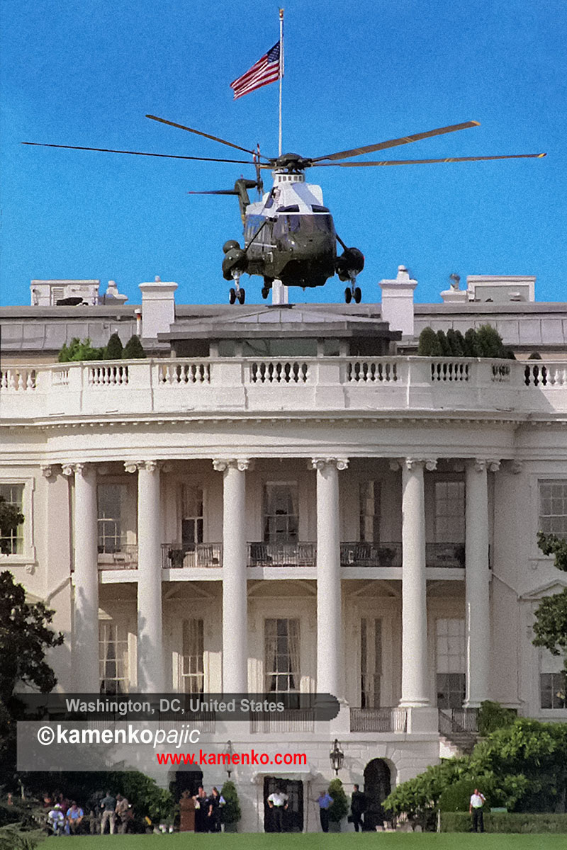 Marine One takes off from the South Lawn of the White House