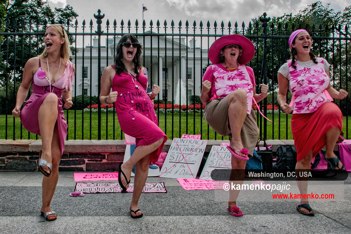 Members of CODEPINK protest in front of the White House