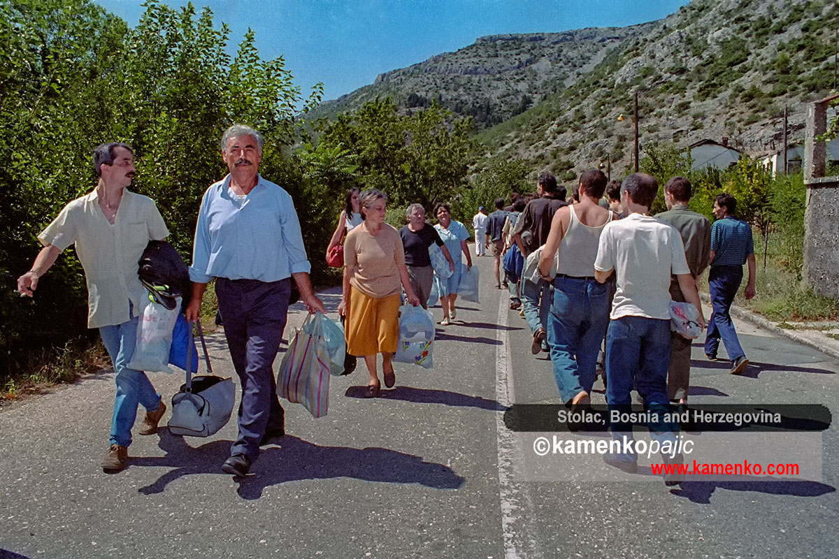 Procession of Serbs from Mostar passes Muslims from eastern Herzegovina during a prisoners exchangh